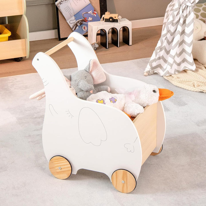 COSTWAY 2 in 1 Lauflernwagen aus Holz, Lauflernhilfe mit grosser Spielzeugkiste, Elefantenform, für