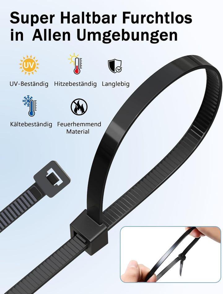 400 Stück Kabelbinder Schwarz Set,Tesmax Kabelbinder UV Beständig,wiederverschliessbar Nylon Super H