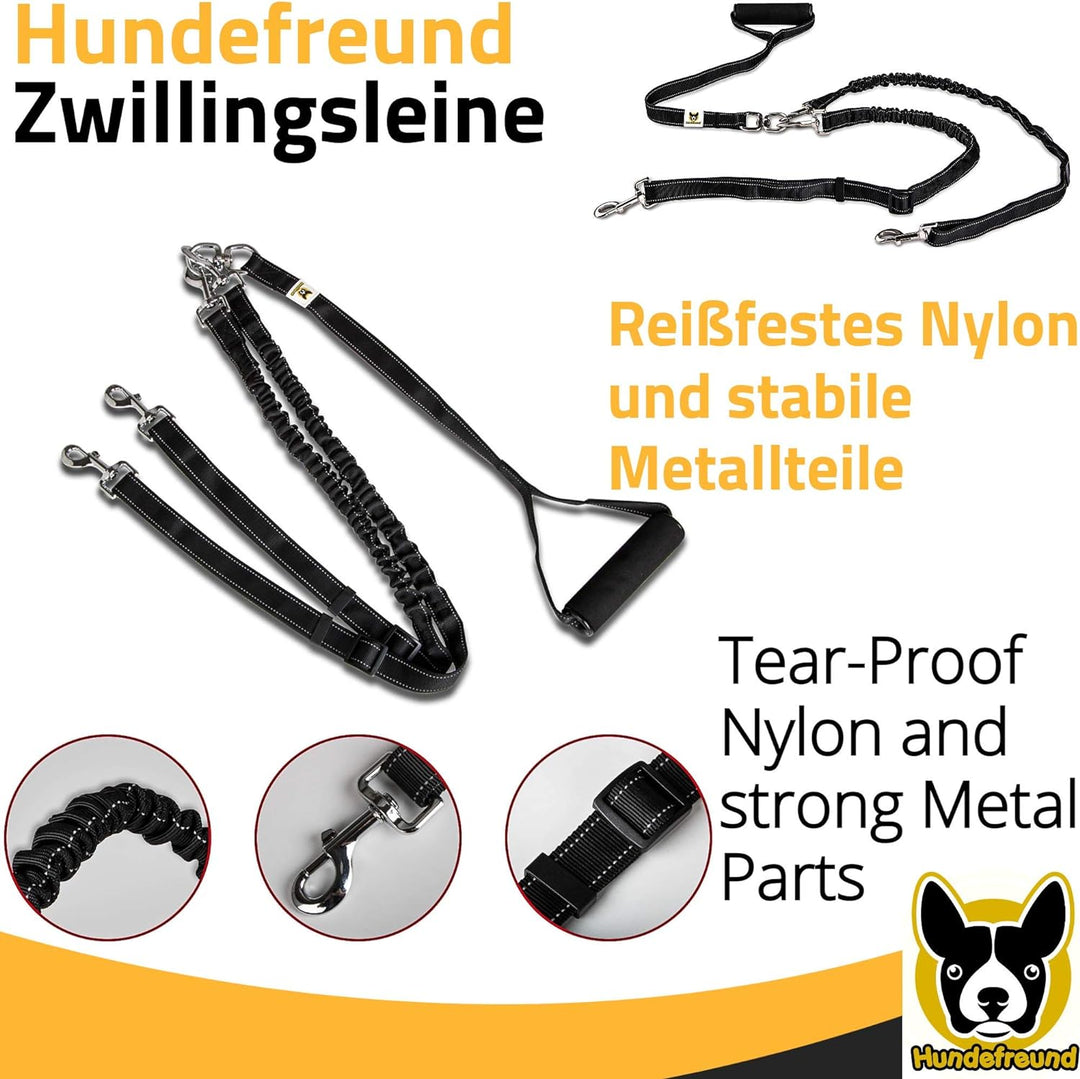 Zwillingsleine - Hundeleine für 2 grosse Hunde ab 20 kg - Doppelleine dehnbar reflektierend 150 bis