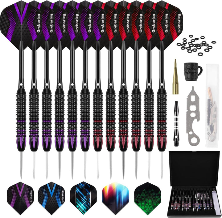 Grebarley Dartpfeile mit Metallspitze,12 Stück Profi Steeldarts 18 Aluminium Schaft mit 9 Flights 20