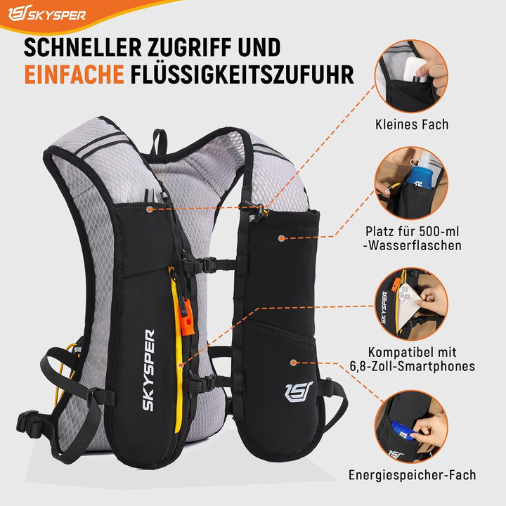 SKYSPER Laufweste Ultraleichter 5L, Trinkrucksack mit weichen Flaschen 500ml Laufrucksack Herren Dam