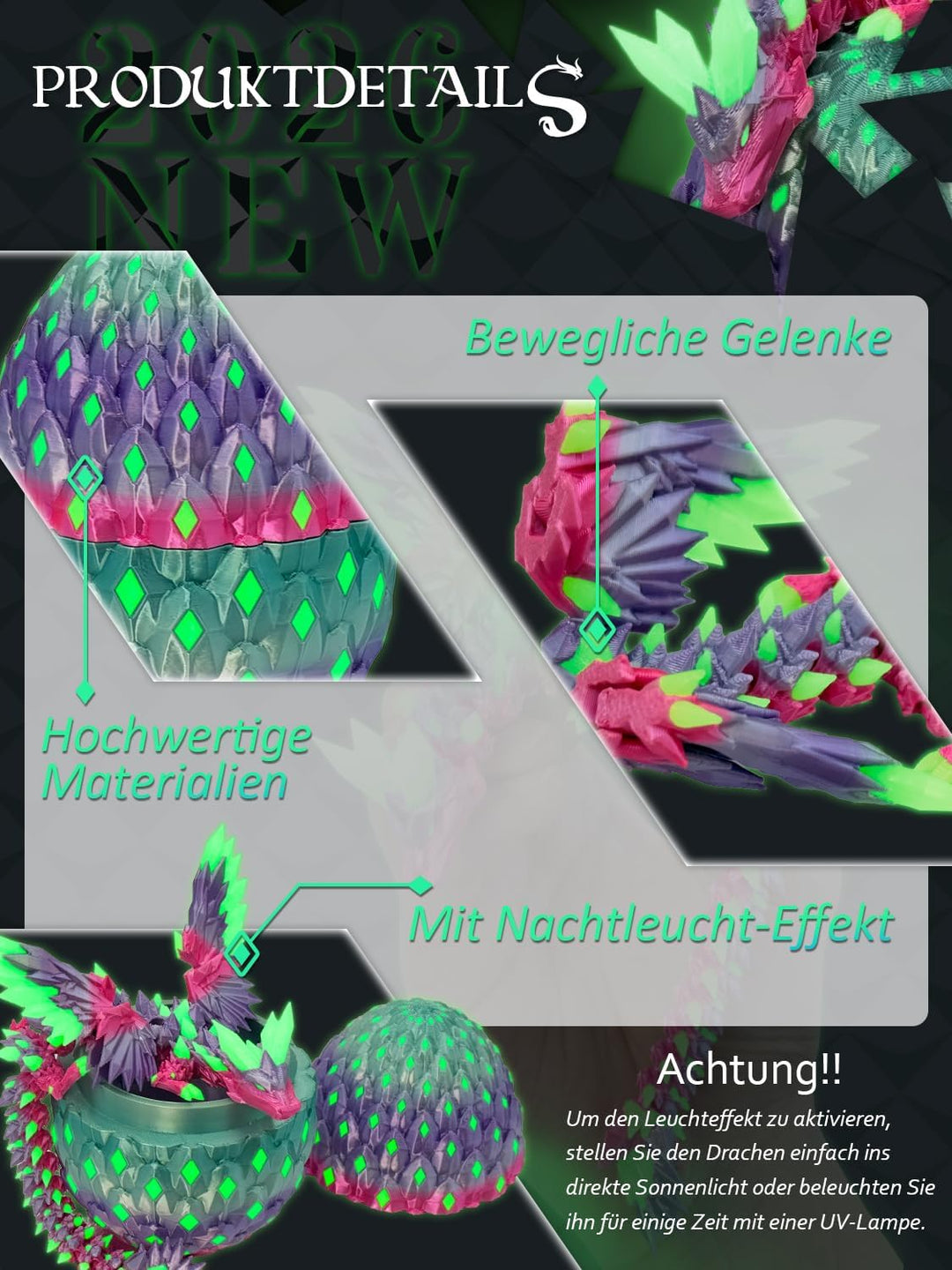 3D Drachenei mit Drache & Nachtleuchten Effekt - 3D Drache mit Flügeln, UV-aktiviertes Leuchten im D