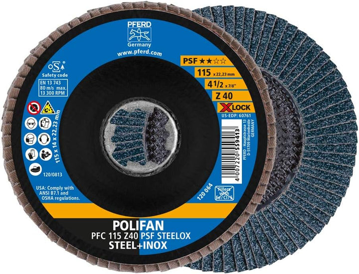 PFERD Fächerscheibe POLIFAN, 10 Stück, 115mm, Z40, X-LOCK (22,23 mm), PSF STEELOX, 67664116 – für ho