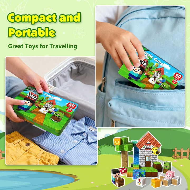 GraceDuck Magnetische Bausteine Reise Spielzeug 60 Teile im Tragbare Eisenbox Magnetbausteine Geeign