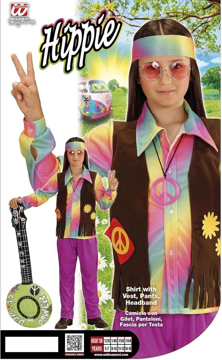 W WIDMANN MILANO Party Fashion - Kinderkostüm Hippie Junge, Shirt, angenähte Weste, Hose und Stirnba