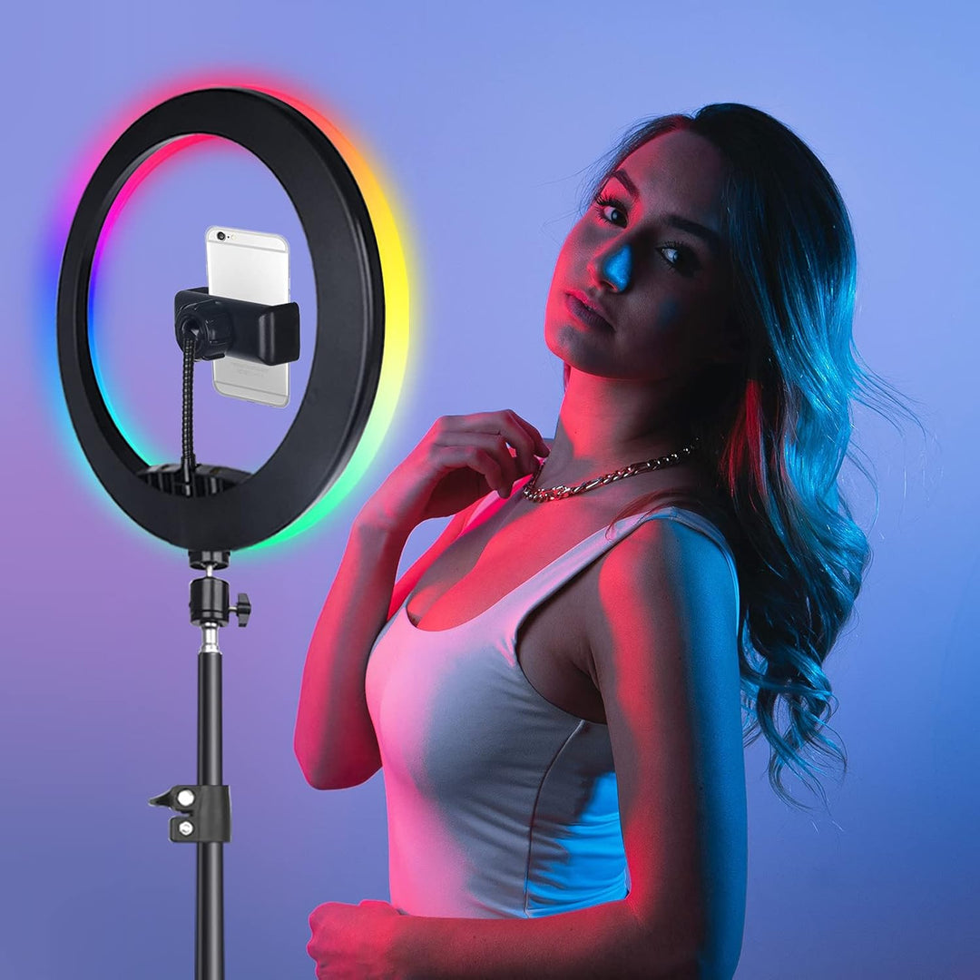 13 Zoll Ringlicht mit Stativ, 1 Tablet-Clip und 2 Handyhalterungen, 3000-6000K,10 Helligkeiten, Musi