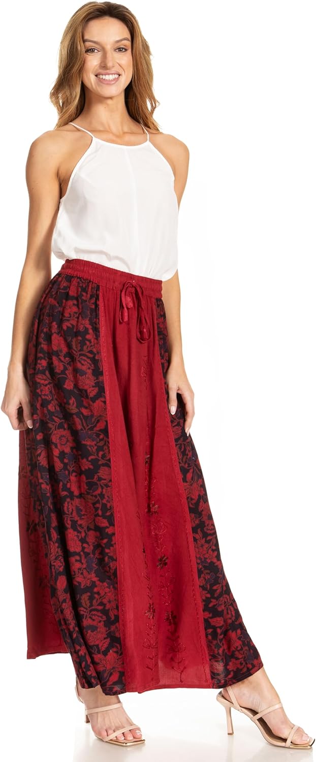 Sakkas Maran Frauen Boho Stickerei Rock mit elastischer Taille und Taschen Einheitsgrösse Grosse Grö