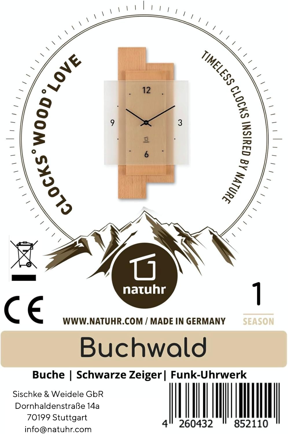 Natuhr Wanduhr Holz Buchwald Buche Massivholz Mineralglas U.T.S. Uhrwerk (Buche geölt, Funk-Uhrwerk)