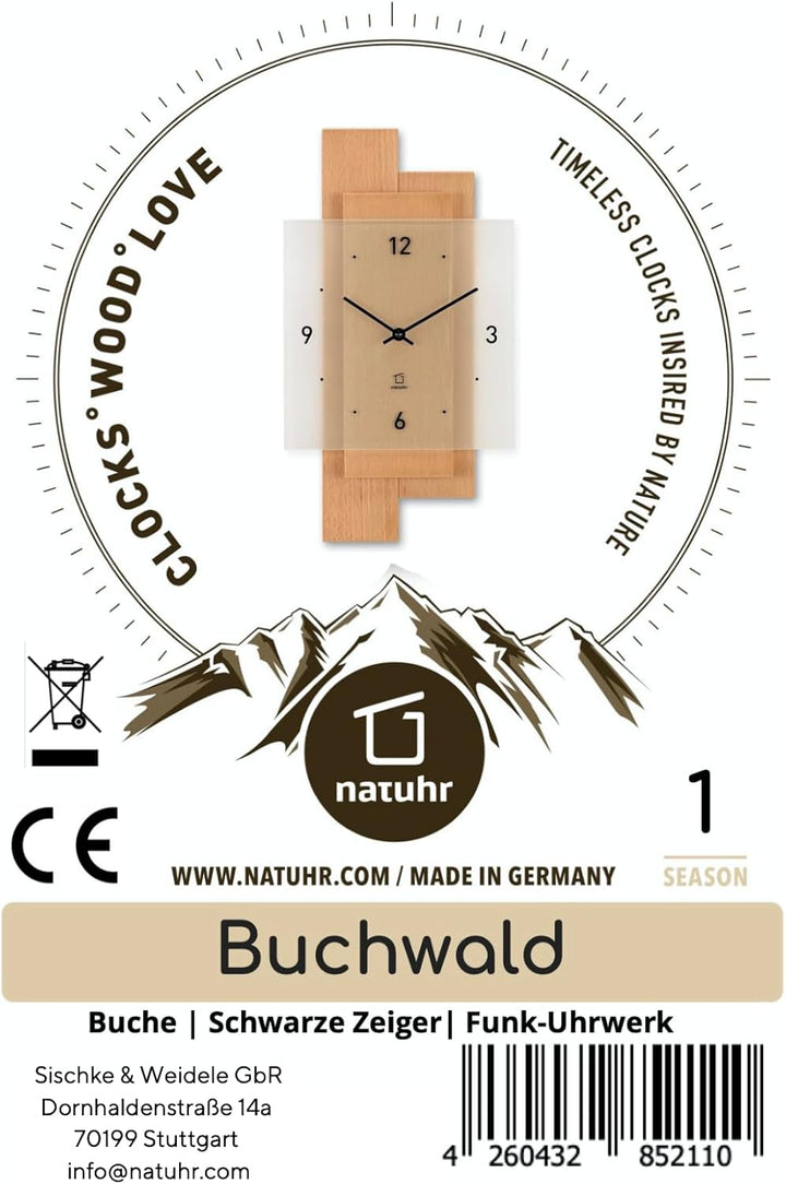Natuhr Wanduhr Holz Buchwald Buche Massivholz Mineralglas U.T.S. Uhrwerk (Buche geölt, Funk-Uhrwerk)