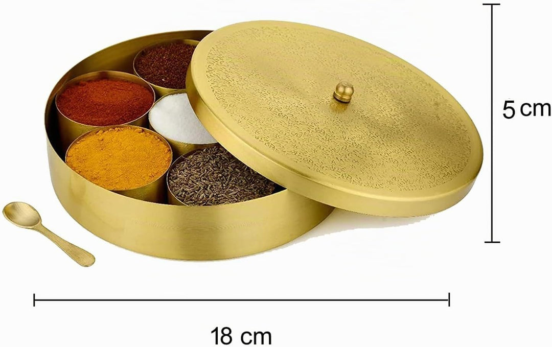 Grainex Indische Gewürzbox aus Messing, runder Masala-Kanister mit geprägtem Deckel, 7 Behälter und