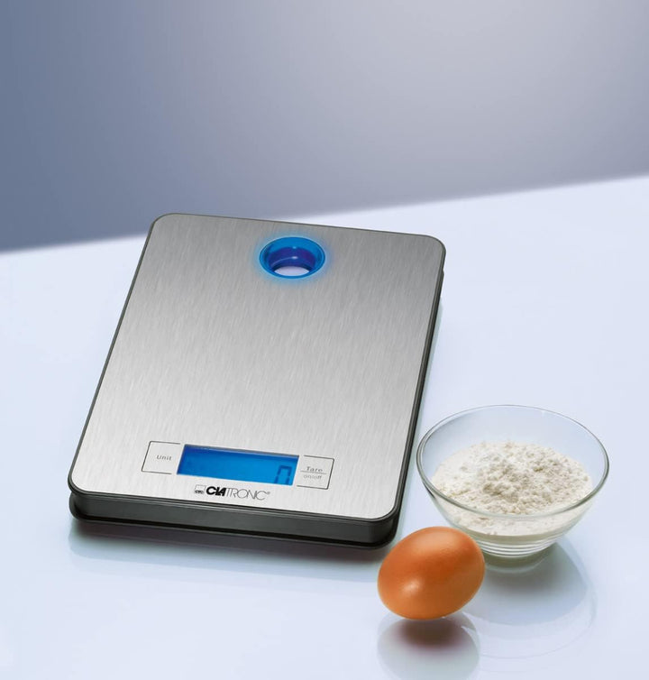 Clatronic Küchenwaage KW 3412, Wiegefläche aus Edelstahl, LCD-Display, bis 5kg in 1g-Schritten (g, k