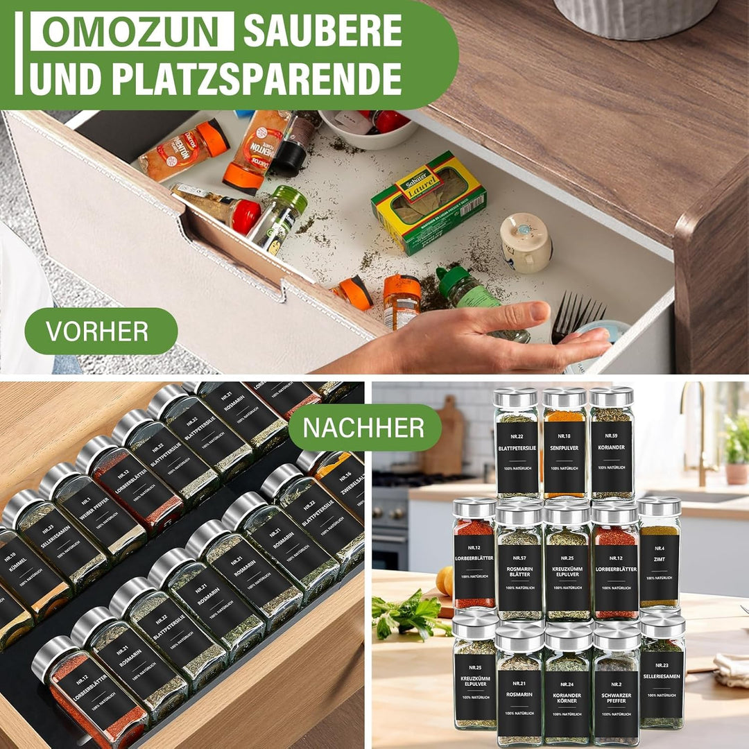 Gewürzgläser Eckig mit Etiketten Set 24er: Kleine Gewürzdosen Glas 120ml mit Streueinsatz Wasserfest