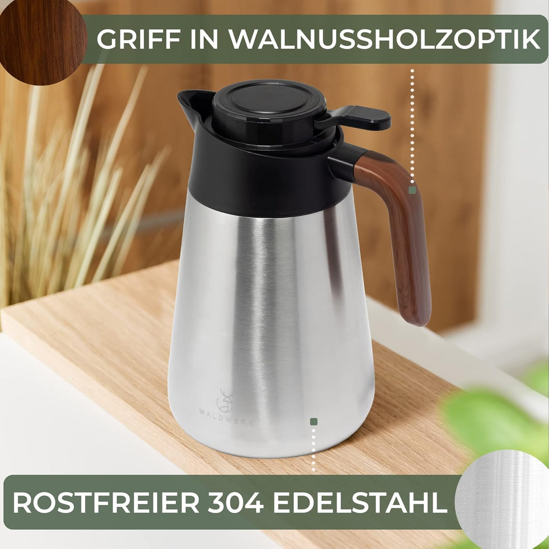 WALDWERK Thermoskanne (1,5L) - Kaffeekanne aus doppelwandigem 304 Edelstahl - Isolierkanne mit tropf