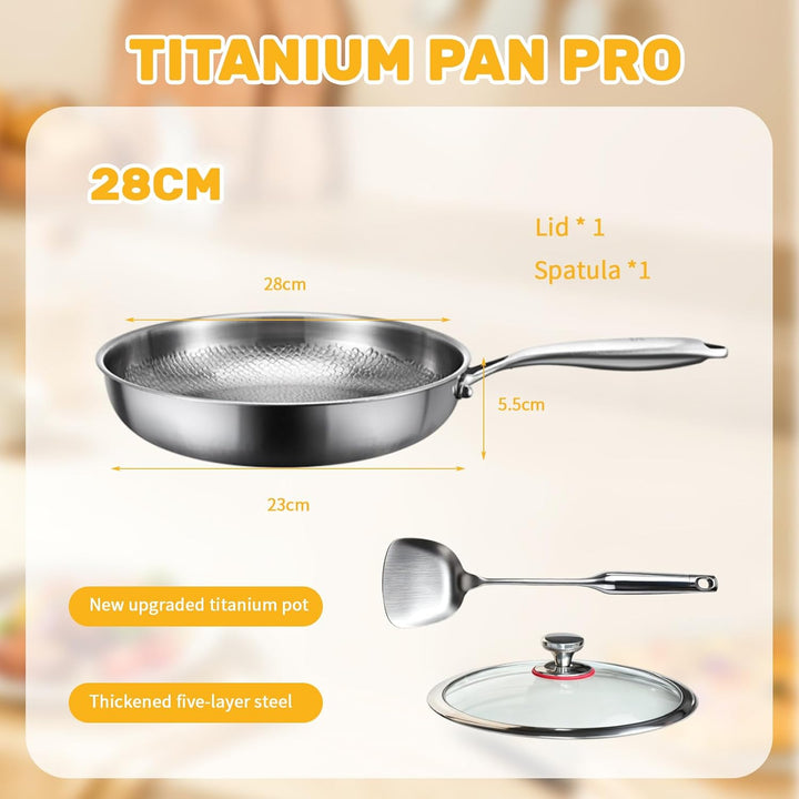 Titan Pfanne, 28CM Titanpfanne Mit Deckel und Spatel, Titanium Hammered Pan 5 Schichten Verdickt, Ti