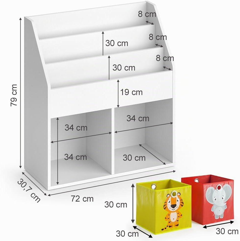Vicco Kinderregal Luigi, Weiss, 72 x 79 cm mit 2 Faltboxen Opt.2 Weiss 72x79 mit Faltboxen Elefant/T