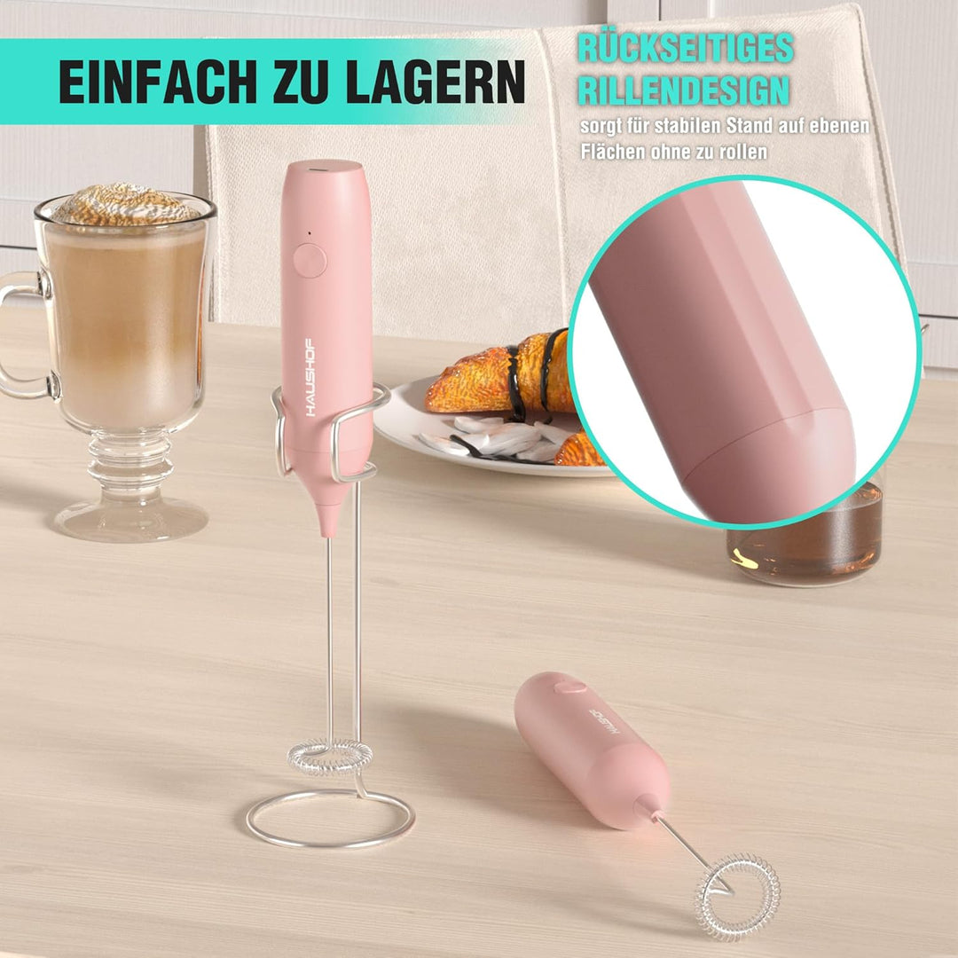 HAUSHOF Milchaufschäumer Stab, Wiederaufladbarer Hand-Milchschäumer, mit Schneebesen aus Edelstahl,