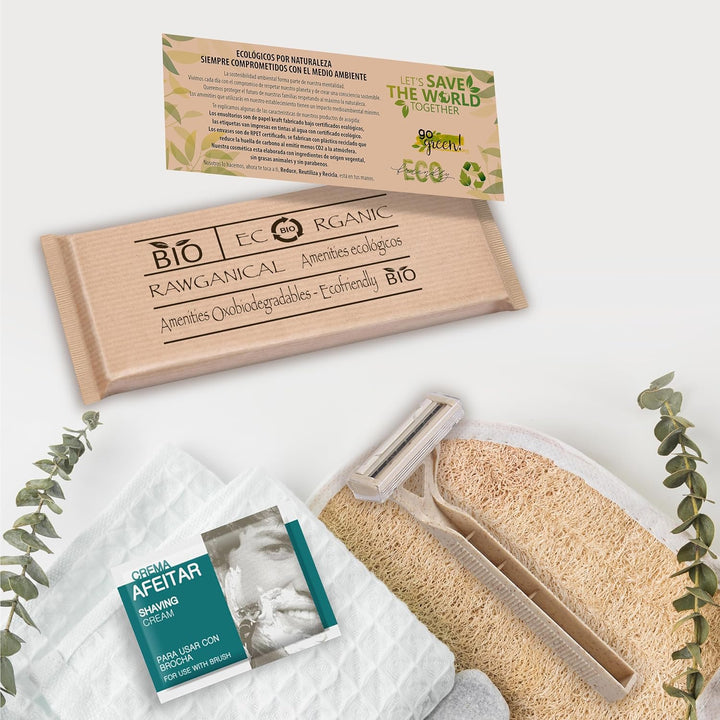 100 Sets für Hotels | Umweltfreundliches Rasierset einzeln verpackt in Kraftpapier – Rawganical Lini