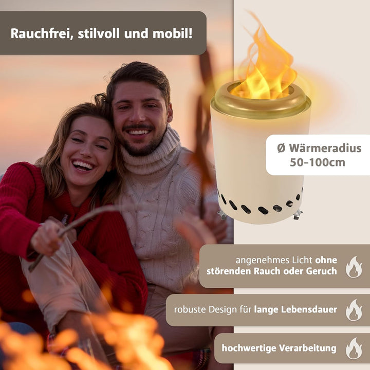 Tischkamin beige rauchfrei, Tischfeuer Outdoor, Mini-Feuerstelle tragbar mit Tragetasche, rauchfreie