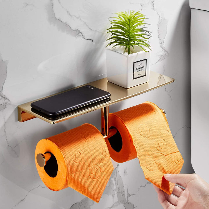 Doppelrollen-Toilettenpapierhalter mit Ablage aus massivem Messing und erstklassigem Papiertaschentu
