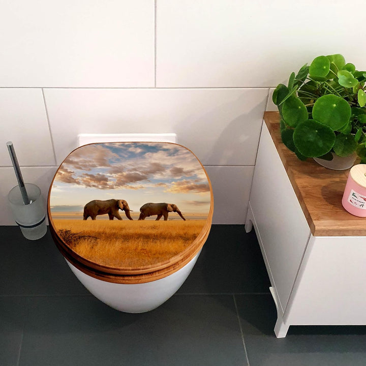 banjado® Design WC Sitz Bambus Absenkautomatik mit Motiv Elefanten/Toilettendeckel mit Absenkautomat