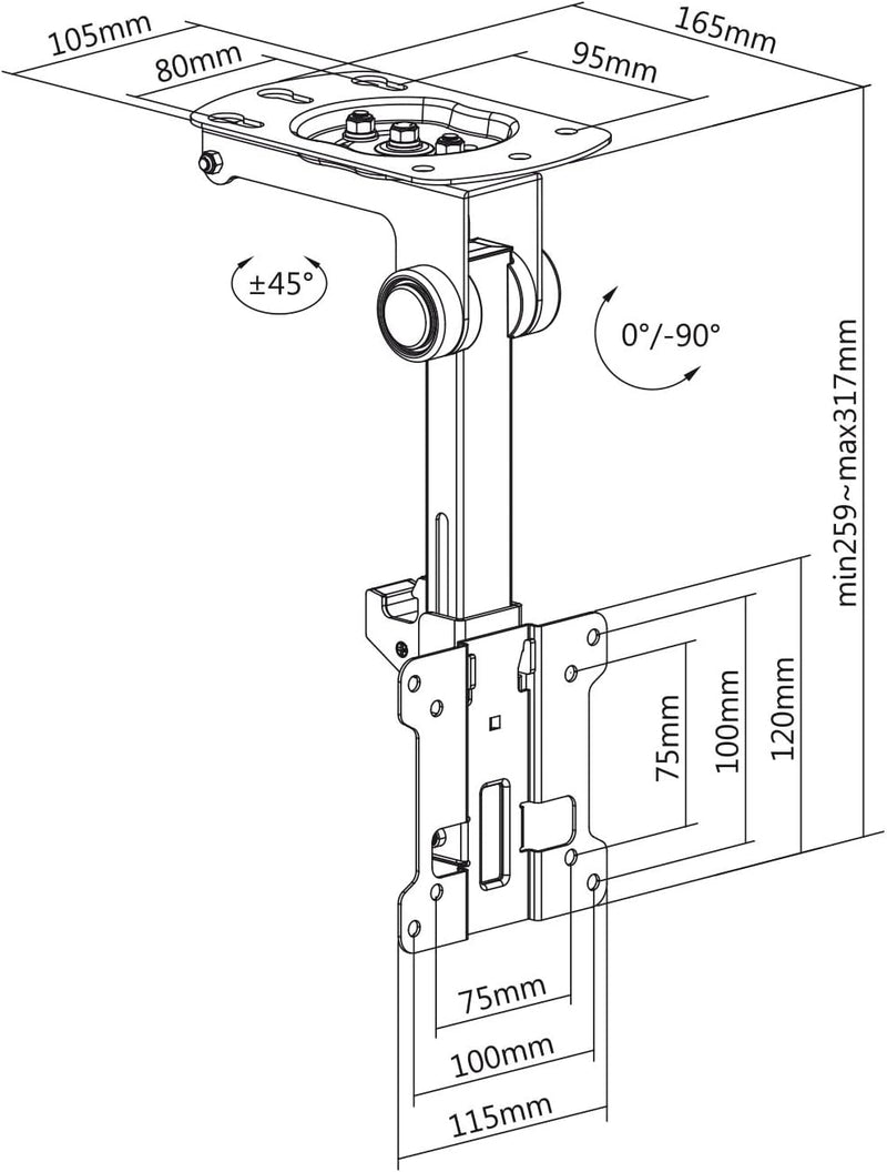 Klappbarer Aluminium TV Deckenhalter, Vollbeweglich, 13-27 Zoll, 33-69cm