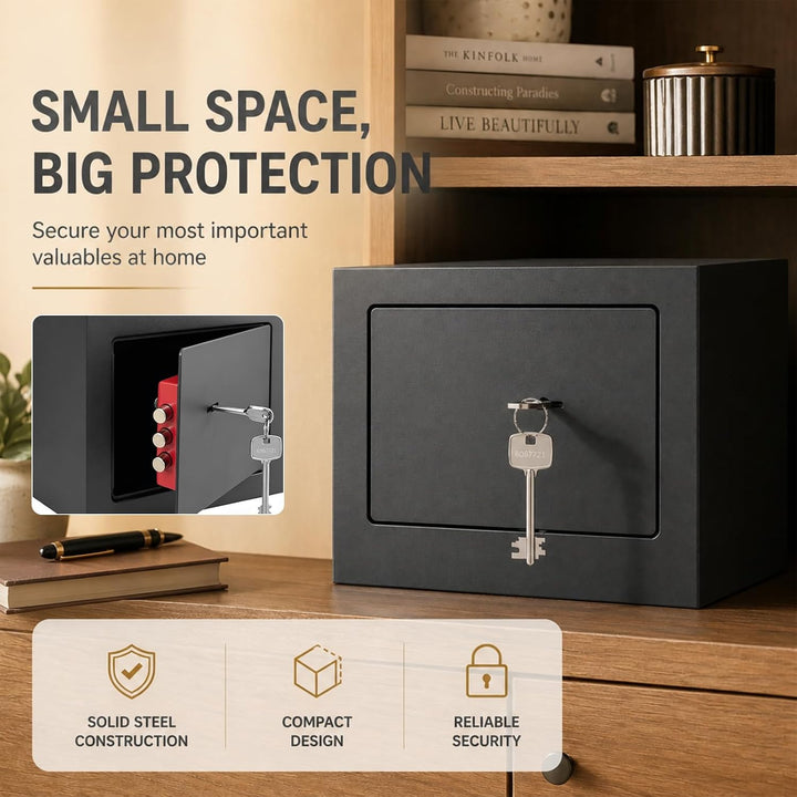 Safe Tresor mit Schlüssel, Möbeltresor, Doppelbart-Sicherheitsschloss, 6,6 L Safe Tresor mit Stahlko