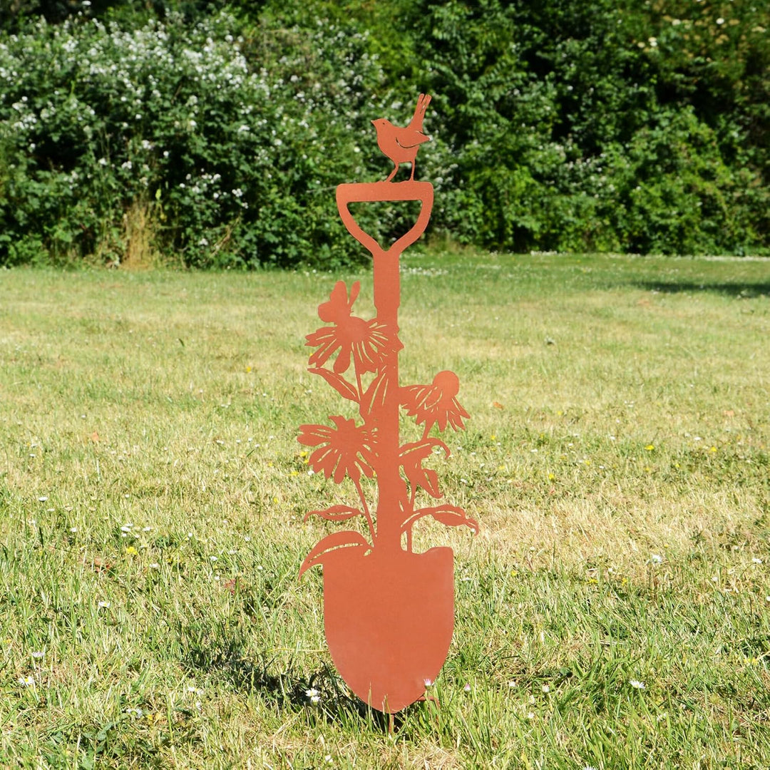 UNUS Garden Spaten mit Vogel und Blume Sonnenhut, Gartenstecker, Gartendeko Rostoptik, Roststecker a