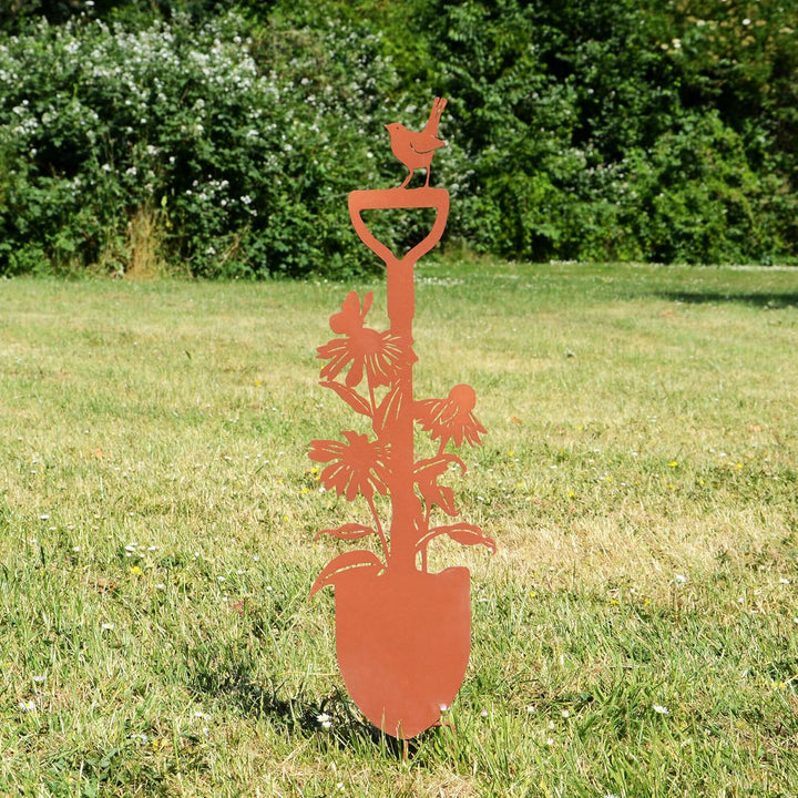 UNUS Garden Spaten mit Vogel und Blume Sonnenhut, Gartenstecker, Gartendeko Rostoptik, Roststecker a