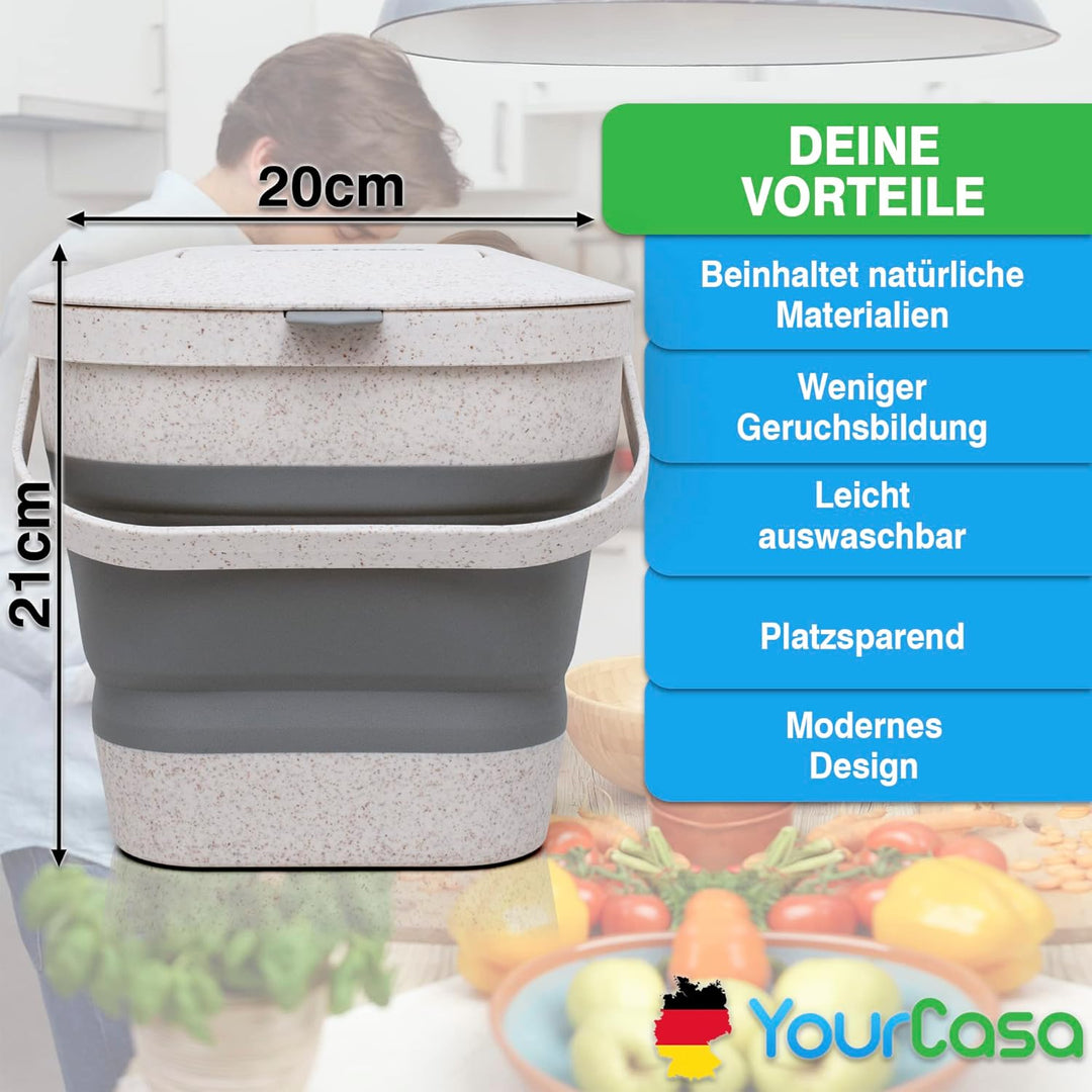 YourCasa® Faltbarer Biomülleimer 4L - kompakter Bio Mülleimer mit geruchsdichtem Aktivkohlefilter-De