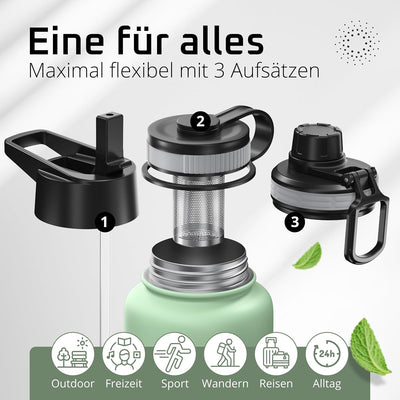 Trinkflasche Edelstahl ACTIVE FLASK + Strohhalm (3 Deckel) BPA-frei, Auslaufsicher, Kohlensäure geei