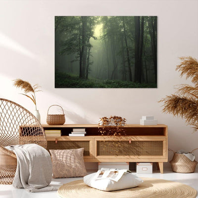 Bilder auf Leinwand 100x70cm Leinwandbild mit Rahmen Wald Nebel Baum Gross Wanddeko Bild Schlafzimme