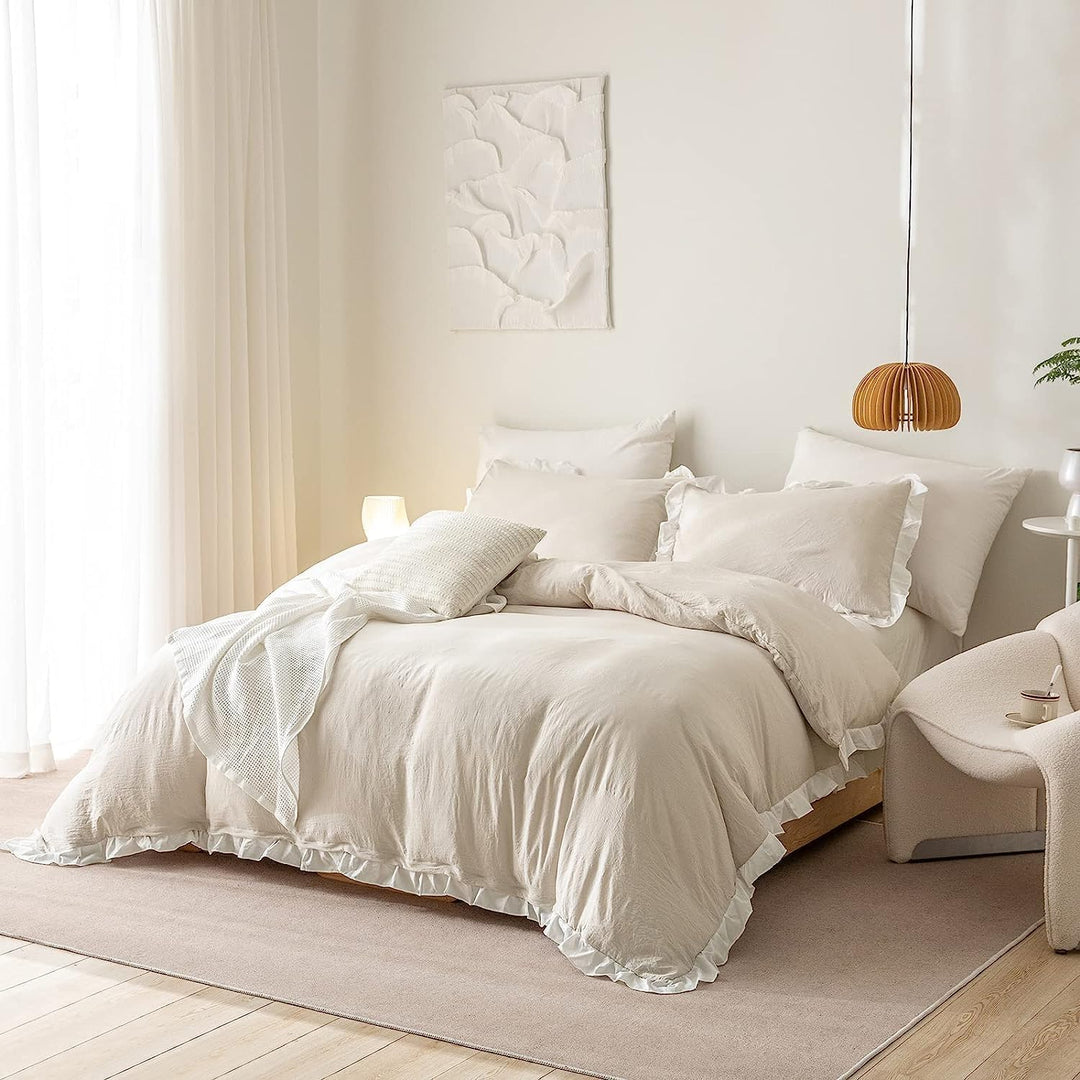Lanqinglv Bettwäsche 200x200cm Beige Weiss mit Rüschen,aus 100% Weiche Microfaser Doppelbett - Wende