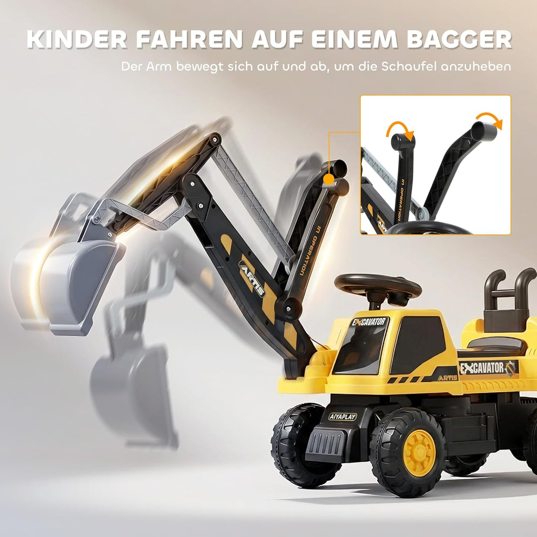 AIYAPLAY Sitzbagger Aufsitzbagger mit Schaufel Lenkrad Kinderbagger mit drehbar Aufbau verstellbar R