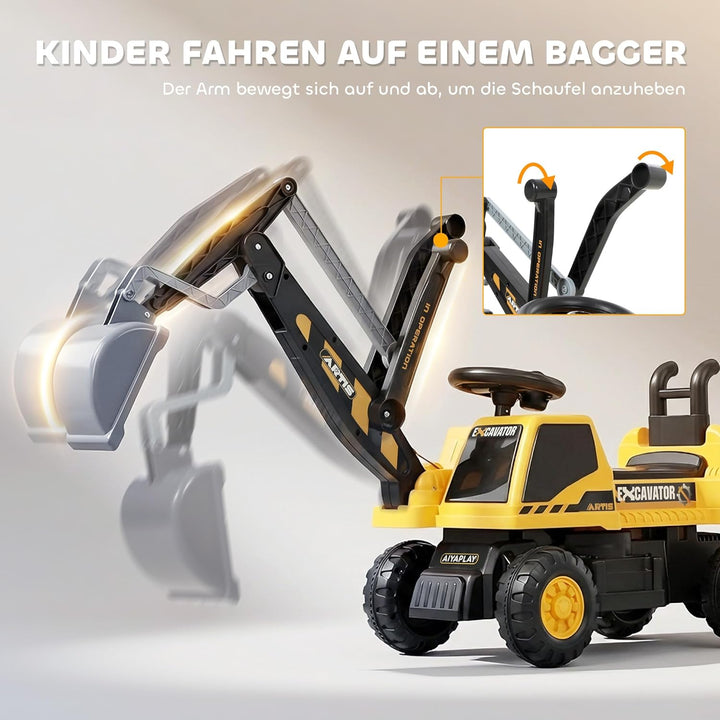 AIYAPLAY Sitzbagger Aufsitzbagger mit Schaufel Lenkrad Kinderbagger mit drehbar Aufbau verstellbar R