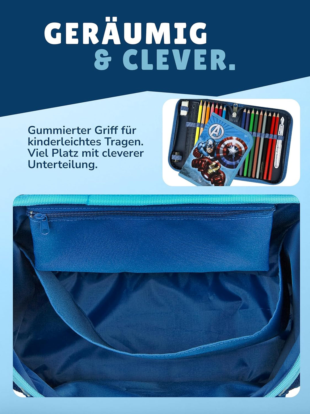 Familando - Scooli Campus Fit Schulranzen Set - 10-teilig mit Schultüte - Marvel Avengers Hell-Blau
