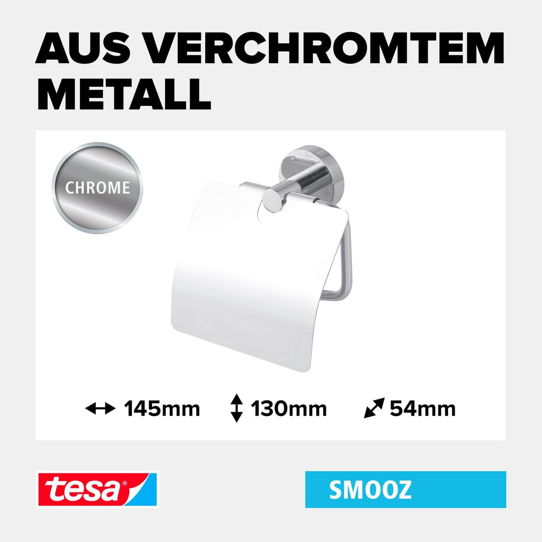 tesa SMOOZ Toilettenpapierhalter mit Deckel, verchromt - WC-Rollenhalter zur Wandbefestigung ohne Bo