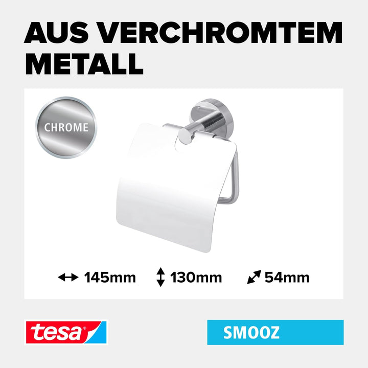 tesa SMOOZ Toilettenpapierhalter mit Deckel, verchromt - WC-Rollenhalter zur Wandbefestigung ohne Bo