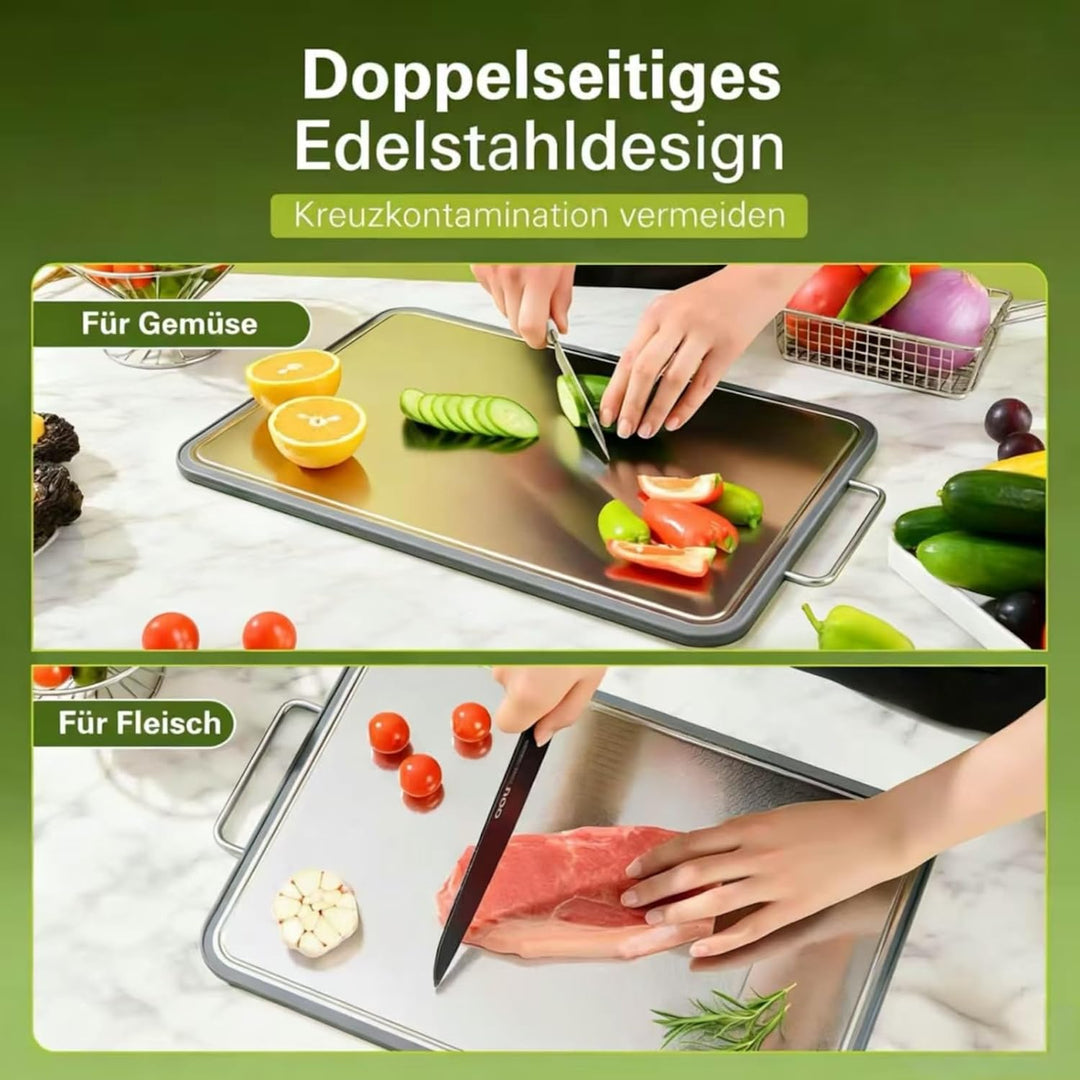 Doppelseitiges Edelstahl-Schneidebrett für die Küche, rostfreies Cutting Board mit Saftnut auf beide