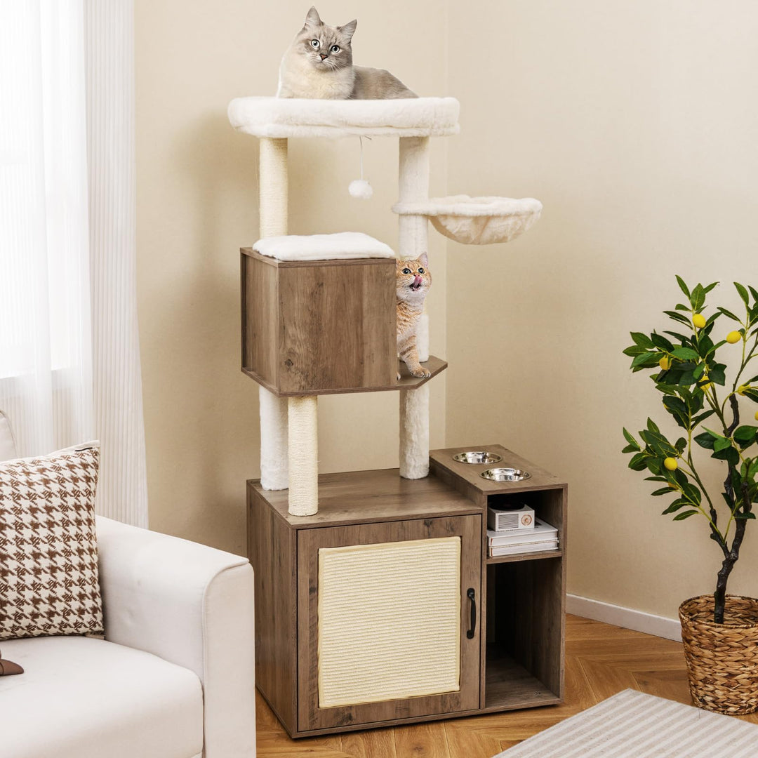 COSTWAY Kratzbaum mit Katzenklo Schrank, Katzenschrank für Katzentoilette, Katzenkratzbaum mit Sisal