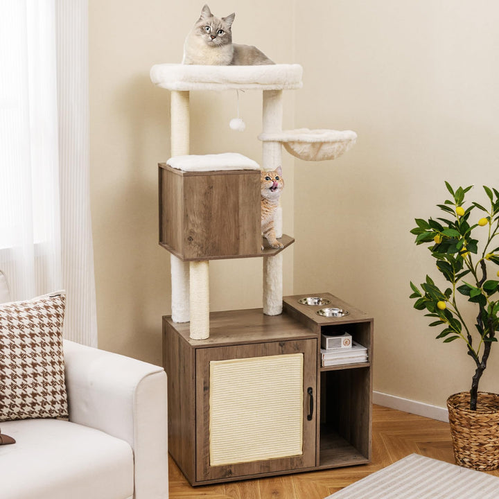 COSTWAY Kratzbaum mit Katzenklo Schrank, Katzenschrank für Katzentoilette, Katzenkratzbaum mit Sisal