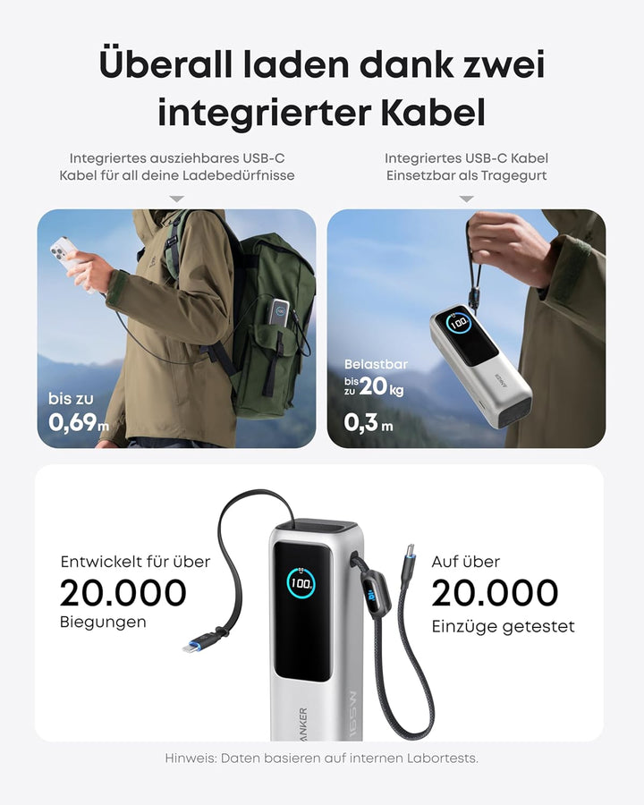 Anker 165W 25000mAh Laptop Powerbank, Ladegerät mit 70cm ausziehbarem Kabel & Trageband, 3USB-C Port