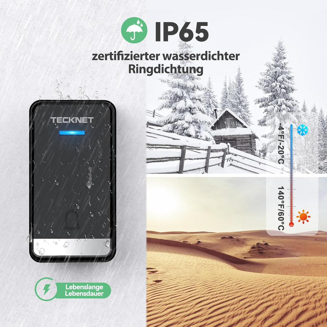 TECKNET Funkklingel Batterielose, Steckdosen Kabellose Türklingel, IP65 Wasserdicht Drahtloses Funk