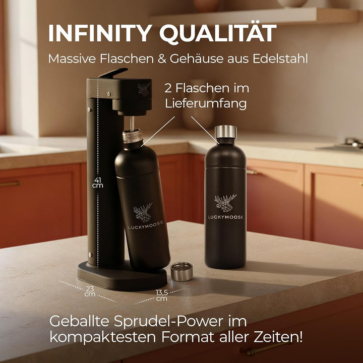 Infinity-S Wassersprudler aus hochwertigem Edelstahl (Black/Black) – inkl. 2x 1,25L Edelstahlflasche