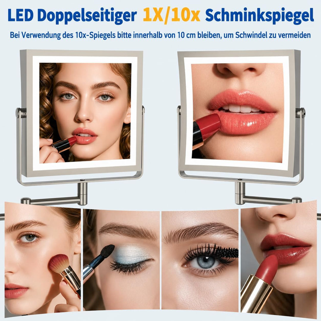 Ruacq Wiederaufladbarer Wand-Make-up-Spiegel mit Lichtern, doppelseitig, 1 x / 10-fache Vergrösserun