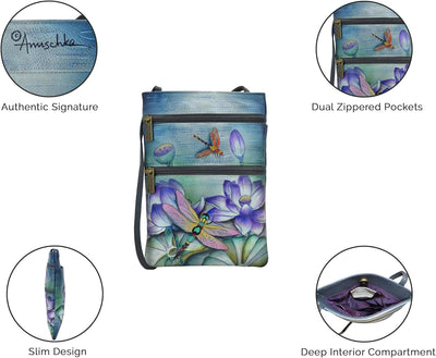 Anuschka Damen Women's Leather Hand Painted Double Zip Travel Crossbody Bag Umhängetasche, Handtasch