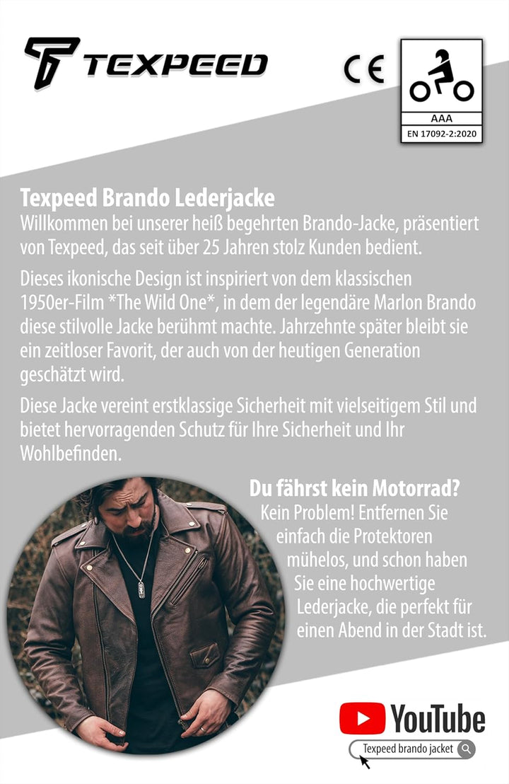 Texpeed Braun Motorrad lederjacke herren mit protektoren - Marlon Brando Retro Chopper Rockerjacke -