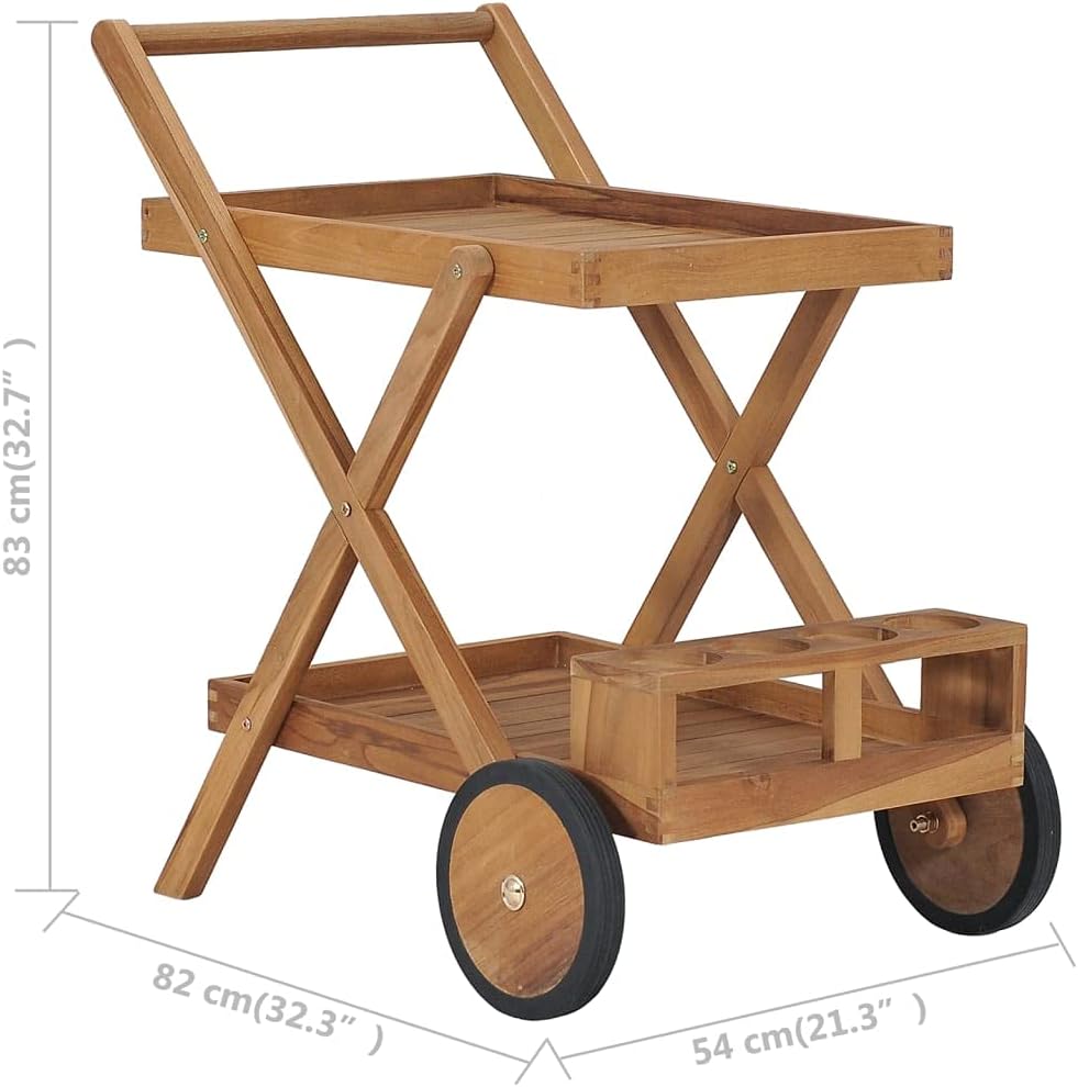 Teewagen Massivholz Teak mit Ablageflächen und Flaschenhalter, kompakter Servierwagen aus robustem T