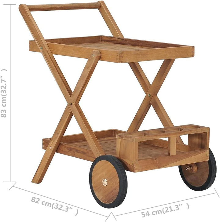 Teewagen Massivholz Teak mit Ablageflächen und Flaschenhalter, kompakter Servierwagen aus robustem T