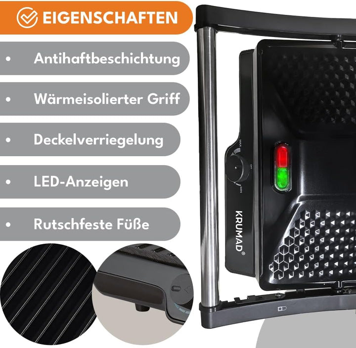 Kontaktgrill 2000W, Sandwich Maker, Elektro Grill Mini 2-Slice, Antihaftbeschichtung, Ideal für Sand