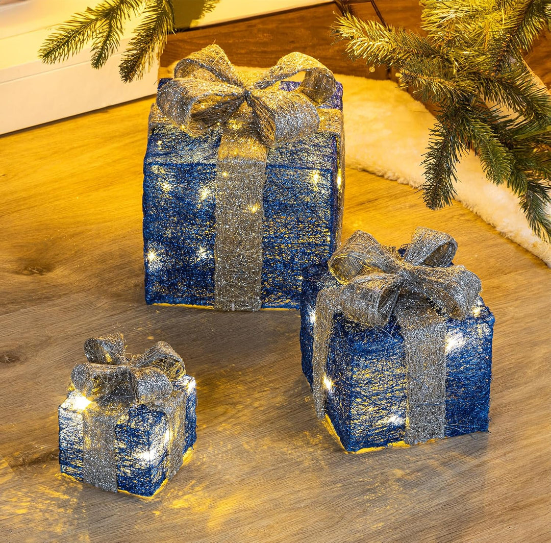 LED Geschenkboxen mit Timer 3er Set - BLAU - Weihnachts Dekoboxen warm weiss beleuchtet - Weihnachte